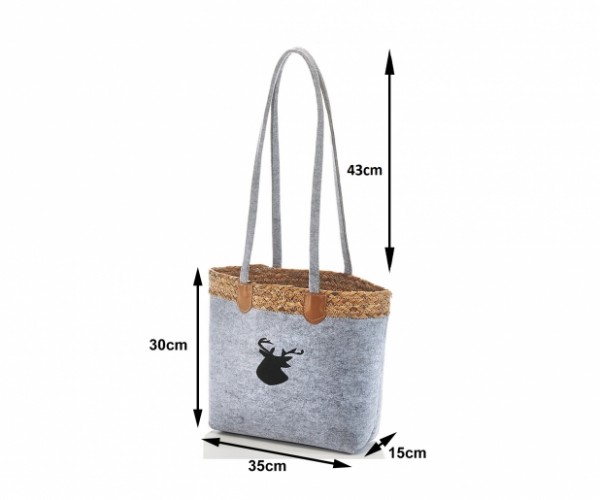 Tasche aus Filz grau und Wasserhyazinthe mit Hirschmotiv 35 cm