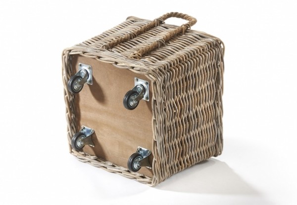 Rattan Kaminholzkorb eckig mit Rollen und Henkel