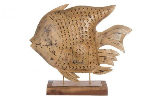 Seaside Metall Fisch auf Naturholzfuß 107 x 25 x 88 cm