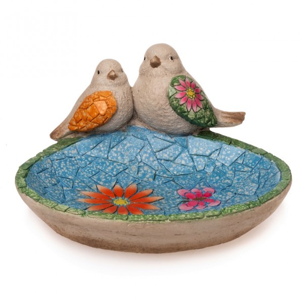 Polystone Vogelbad / Vogeltränke 31 cm - Vogel und Blumen Mosaikmotiv