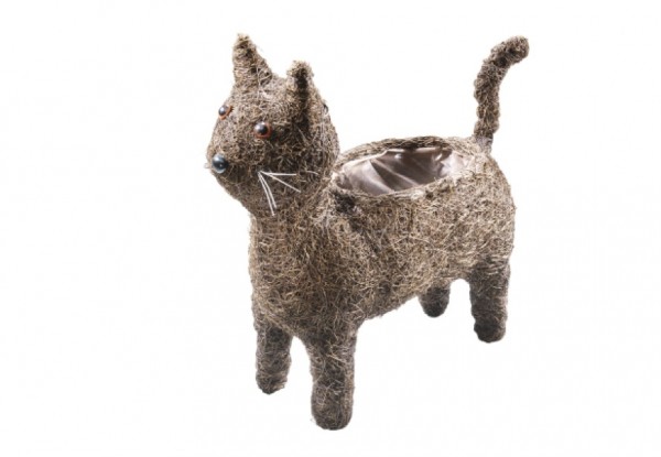 Deko-Katze Rasputin zum Bepflanzen aus Rattan