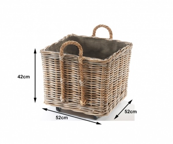 Rattan Kaminholzkorb eckig mit Rollen und Henkel