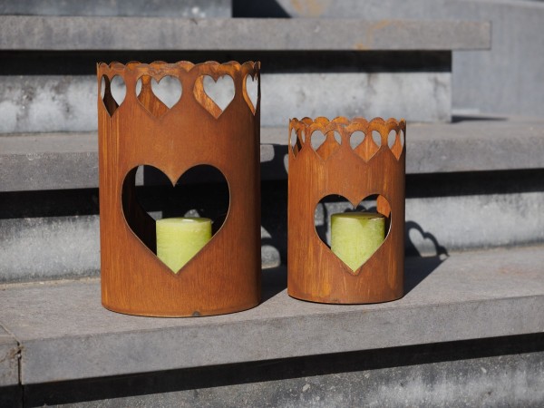 Ecorost Windlicht mit Herz aus Rostmetall 2er Set