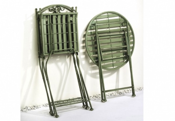 Tischgruppe antique green inkl. 2 Stühle aus Metall