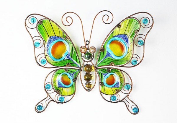 Deko Schmetterling Metall mit Pfaufederdekor im Glasflügel