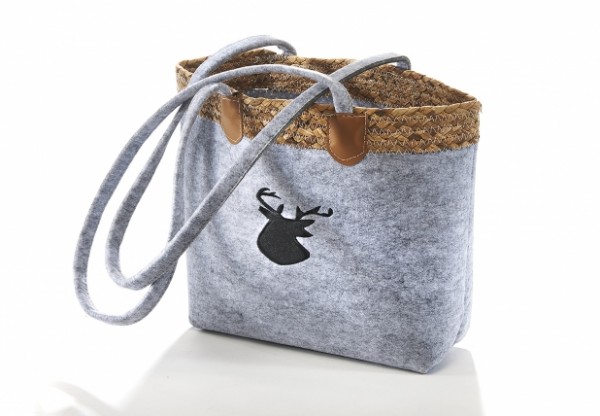 Tasche aus Filz grau und Wasserhyazinthe mit Hirschmotiv 35 cm