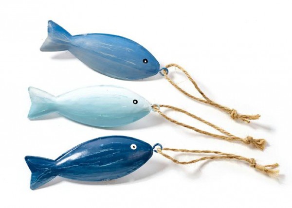 Seaside Fisch aus Metall 10 cm am Jutefaden - 3er Set