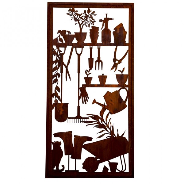 Rostmetall Paravent 200 x 100 cm - Gartenschuppen Motiv