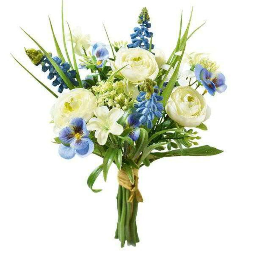 Ranunkel mit Muscari Strauß | Kunstblumen Heim- - Gartenshop weiß-blau und Terrapalme 25 cm