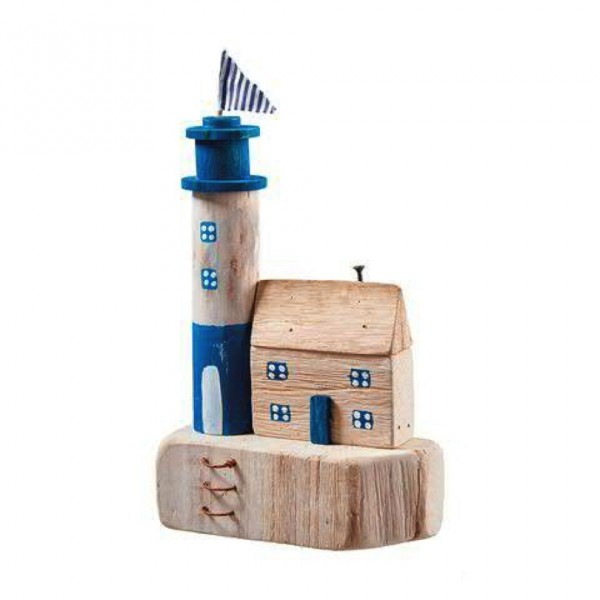 Leuchtturm mit Haus aus Holz natur-blau 31 cm