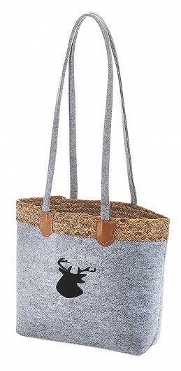 Tasche aus Filz grau und Wasserhyazinthe mit Hirschmotiv 35 cm